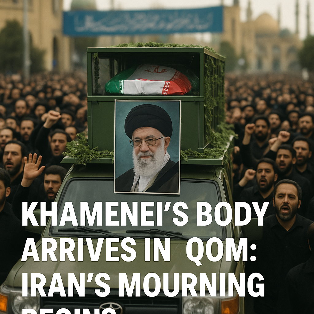 Illustration of Khamenei's Body Arrives in Qom: Iran's Mourning Begins