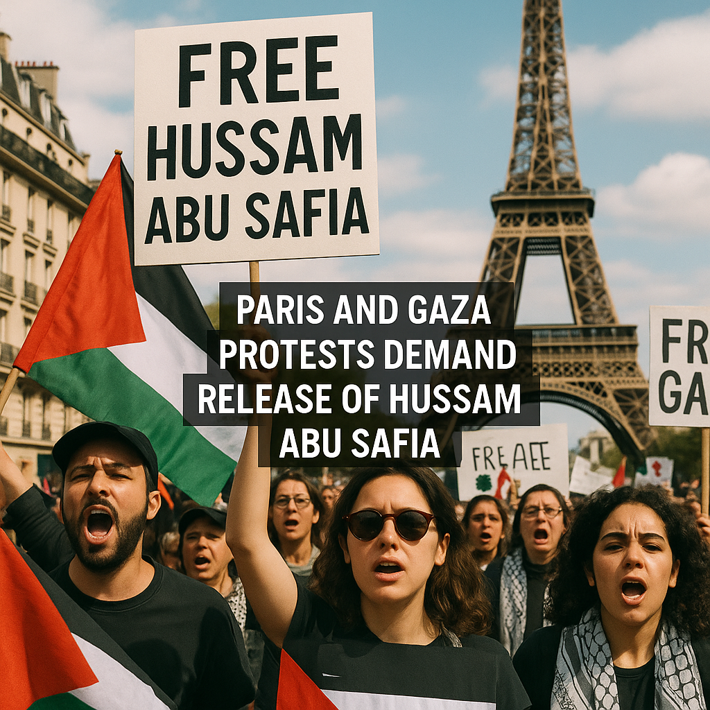 Illustration of Paris and Gaza Protests Demand Release of Hussam Abu Safia