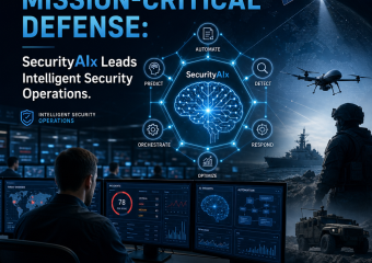 AI-driven security operations center dashboard showing automated threat detection and mission-critical defense alerts