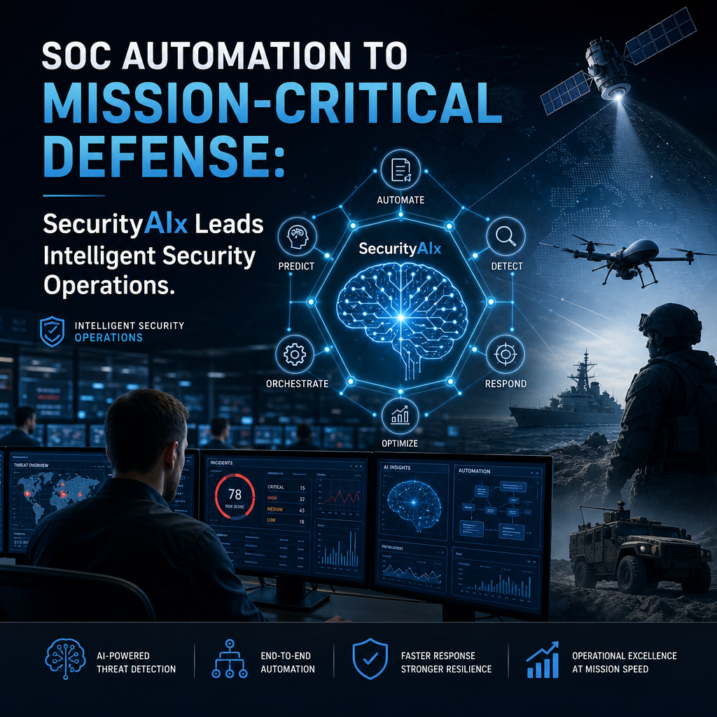 AI-driven security operations center dashboard showing automated threat detection and mission-critical defense alerts