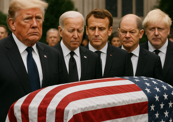 Illustration of Trump and World Leaders Gather for Lindsey Graham’s Funeral
