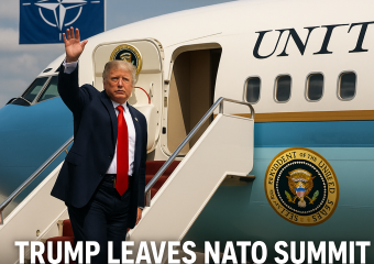 Illustration of Trump Leaves NATO Summit on Classic Air Force One