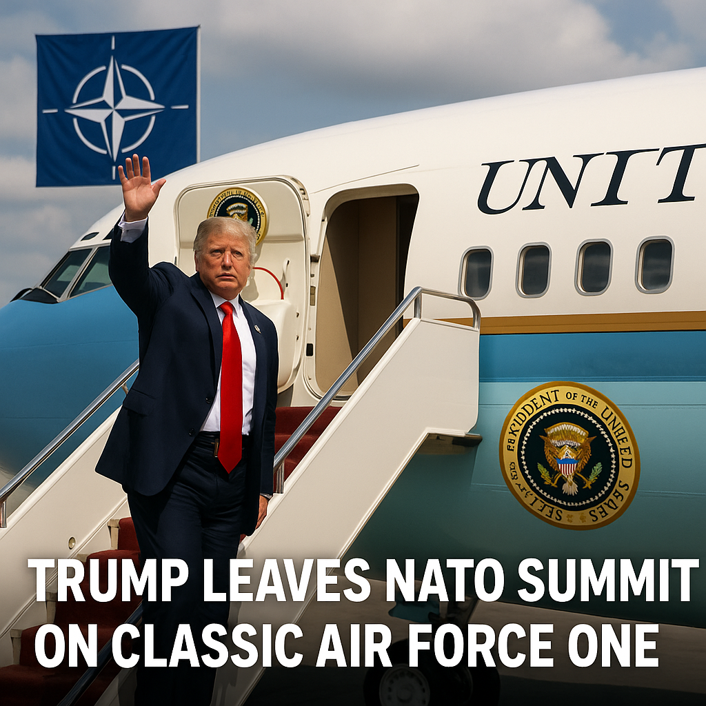 Illustration of Trump Leaves NATO Summit on Classic Air Force One