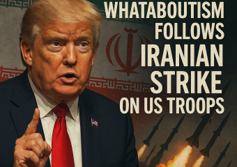 Illustration of Trump's Whataboutism Follows Iranian Strike on US Troops