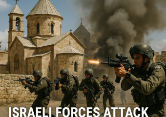 Illustration of Israeli Forces Attack Armenian Monastery in Jerusalem