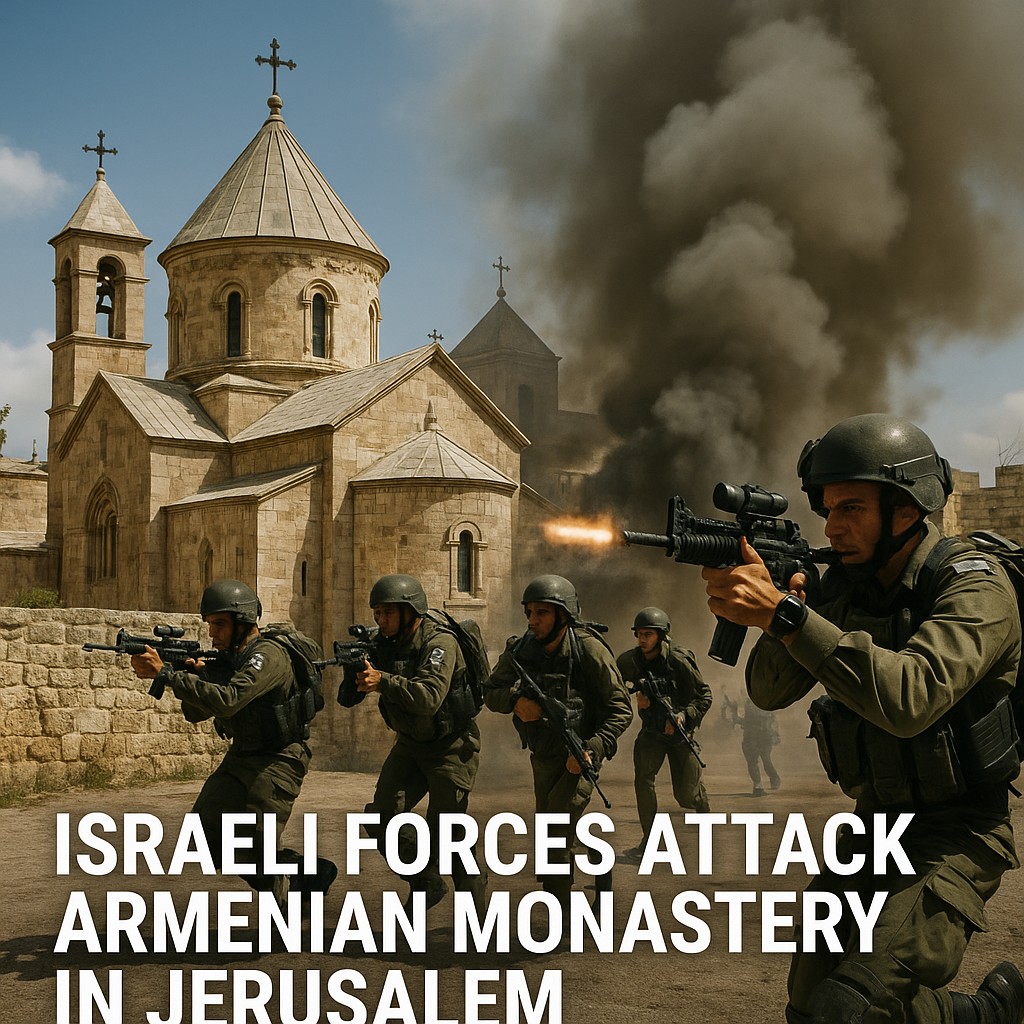 Illustration of Israeli Forces Attack Armenian Monastery in Jerusalem