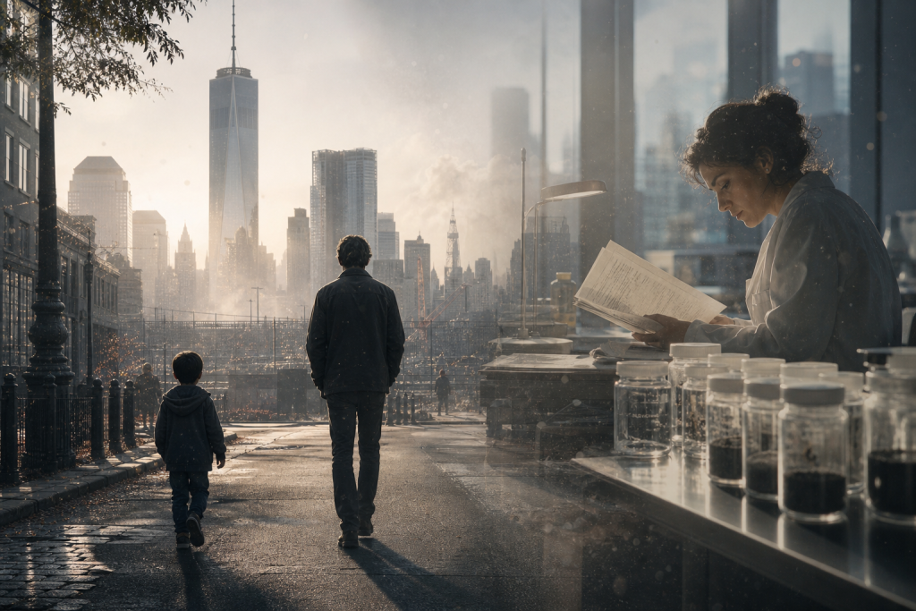 A man and child walk through a city street while a woman reads beside jars of samples