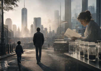 A man and child walk through a city street while a woman reads beside jars of samples