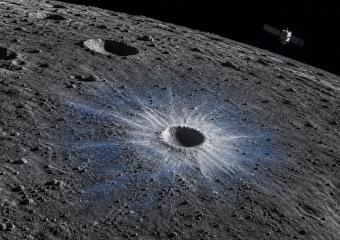 A satellite flies above the cratered lunar surface, including a prominent impact crater