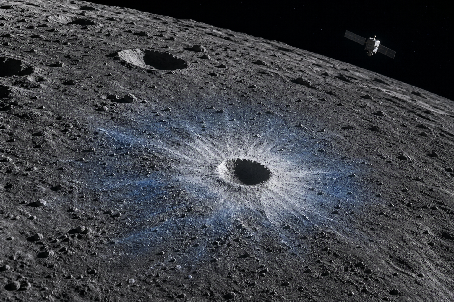 A satellite flies above the cratered lunar surface, including a prominent impact crater