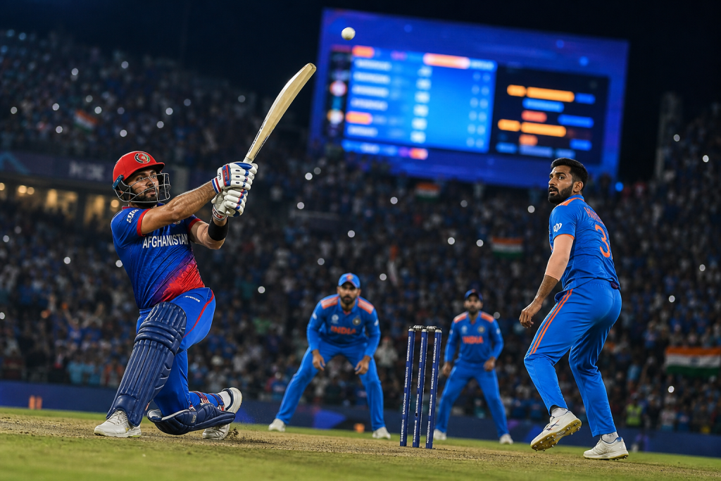 Afghanistan batter plays a shot as Indian players field during a night cricket match