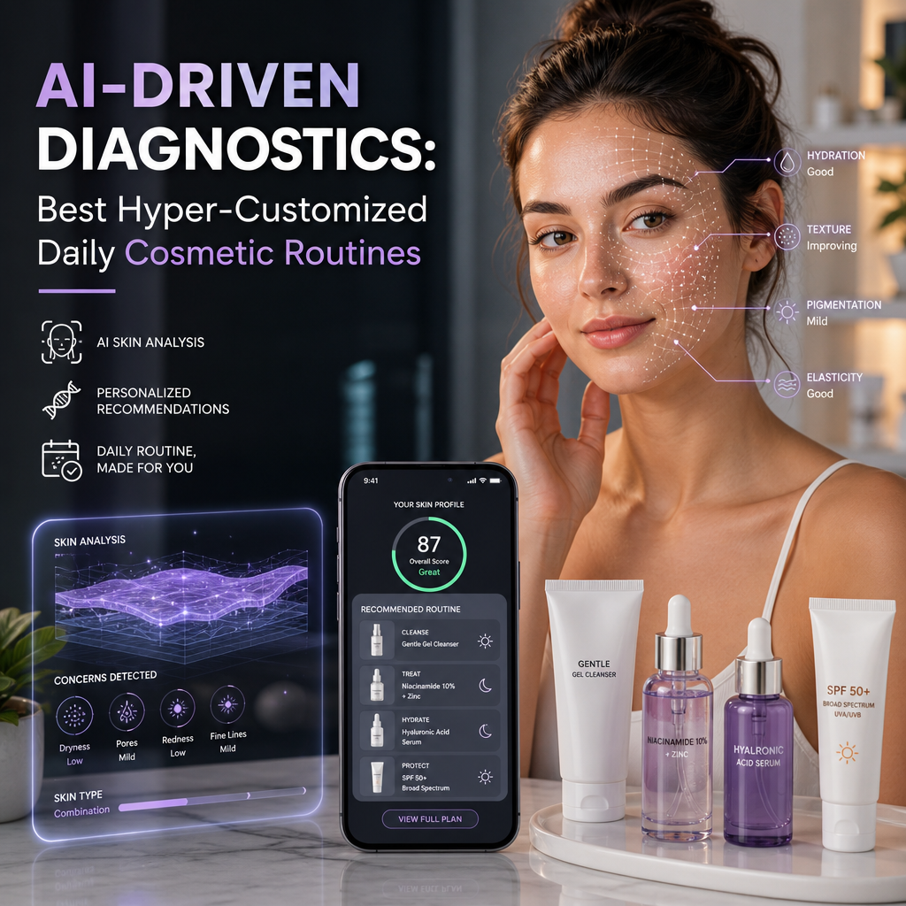 Smart skin analysis app with personalized cosmetic routine recommendations and skincare products
