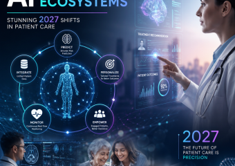 Futuristic hospital dashboard showing AI precision ecosystems for personalized patient care and real-time decisions