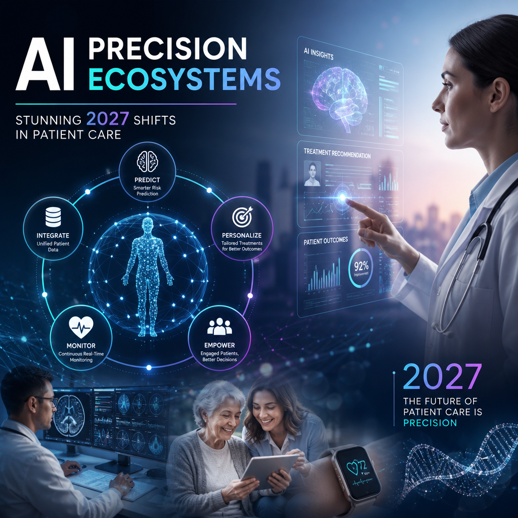 Futuristic hospital dashboard showing AI precision ecosystems for personalized patient care and real-time decisions