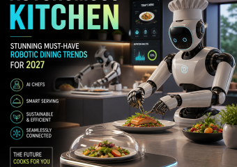 Futuristic autonomous kitchen robot preparing healthy meals with smart cooking technology