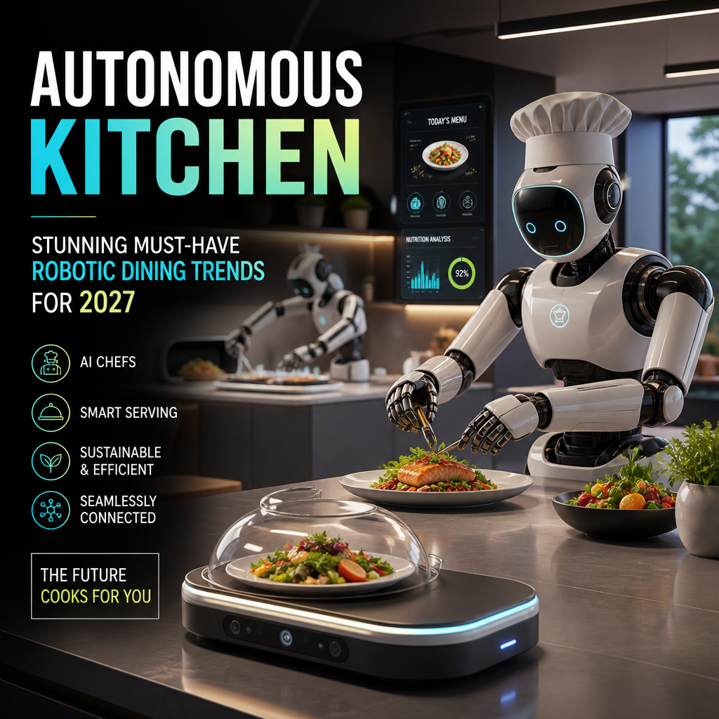 Futuristic autonomous kitchen robot preparing healthy meals with smart cooking technology