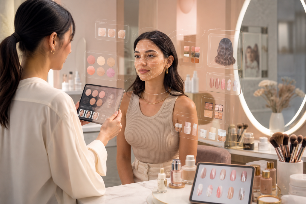 Beauty consultant uses a tablet and digital overlays to analyze a client’s skin and recommend makeup products