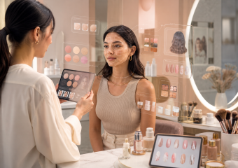 Beauty consultant uses a tablet and digital overlays to analyze a client’s skin and recommend makeup products