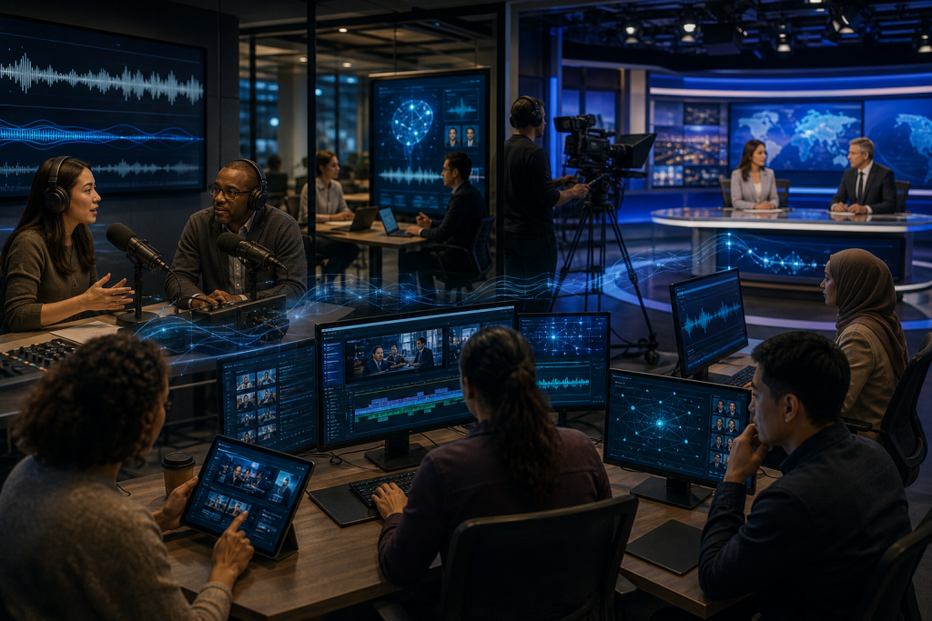 Broadcast newsroom with journalists monitoring screens, a podcast interview, and a live news set with two anchors