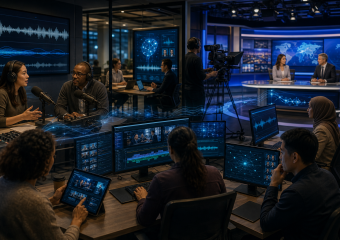 Broadcast newsroom with journalists monitoring screens, a podcast interview, and a live news set with two anchors