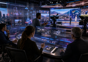 Broadcast production team monitoring holographic news and sports graphics in a television studio