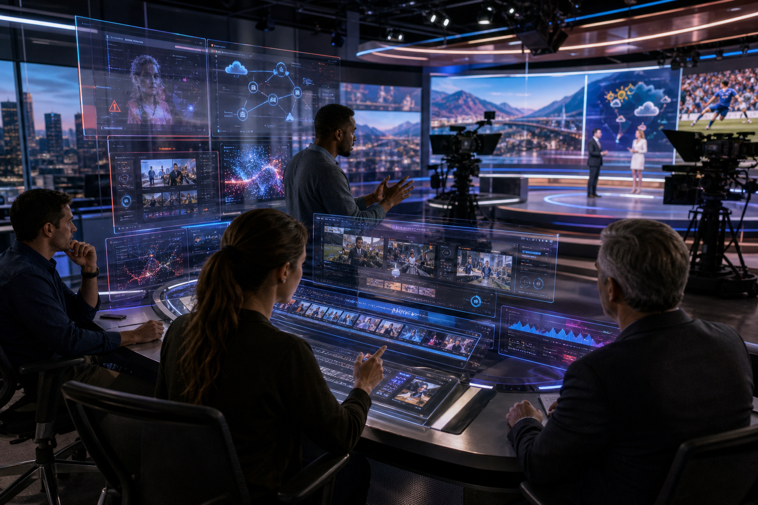 Broadcast production team monitoring holographic news and sports graphics in a television studio