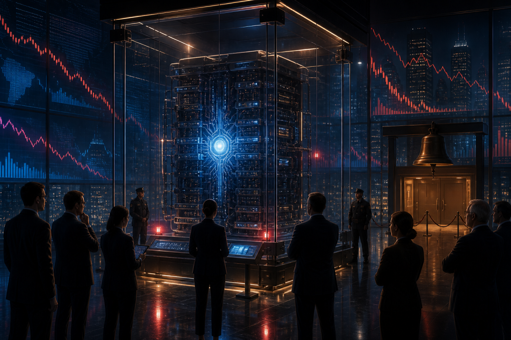 Businesspeople view a glowing server installation in a glass enclosure, surrounded by financial charts and a bell display