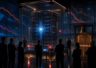 Businesspeople view a glowing server installation in a glass enclosure, surrounded by financial charts and a bell display