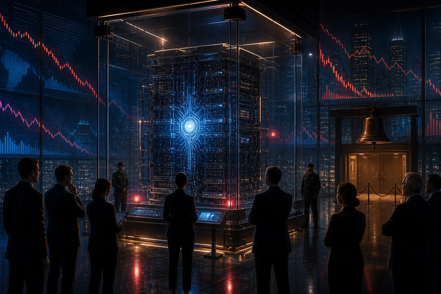 Businesspeople view a glowing server installation in a glass enclosure, surrounded by financial charts and a bell display