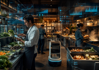 Chefs work in a high-tech commercial kitchen while a service robot and digital analytics displays assist operations