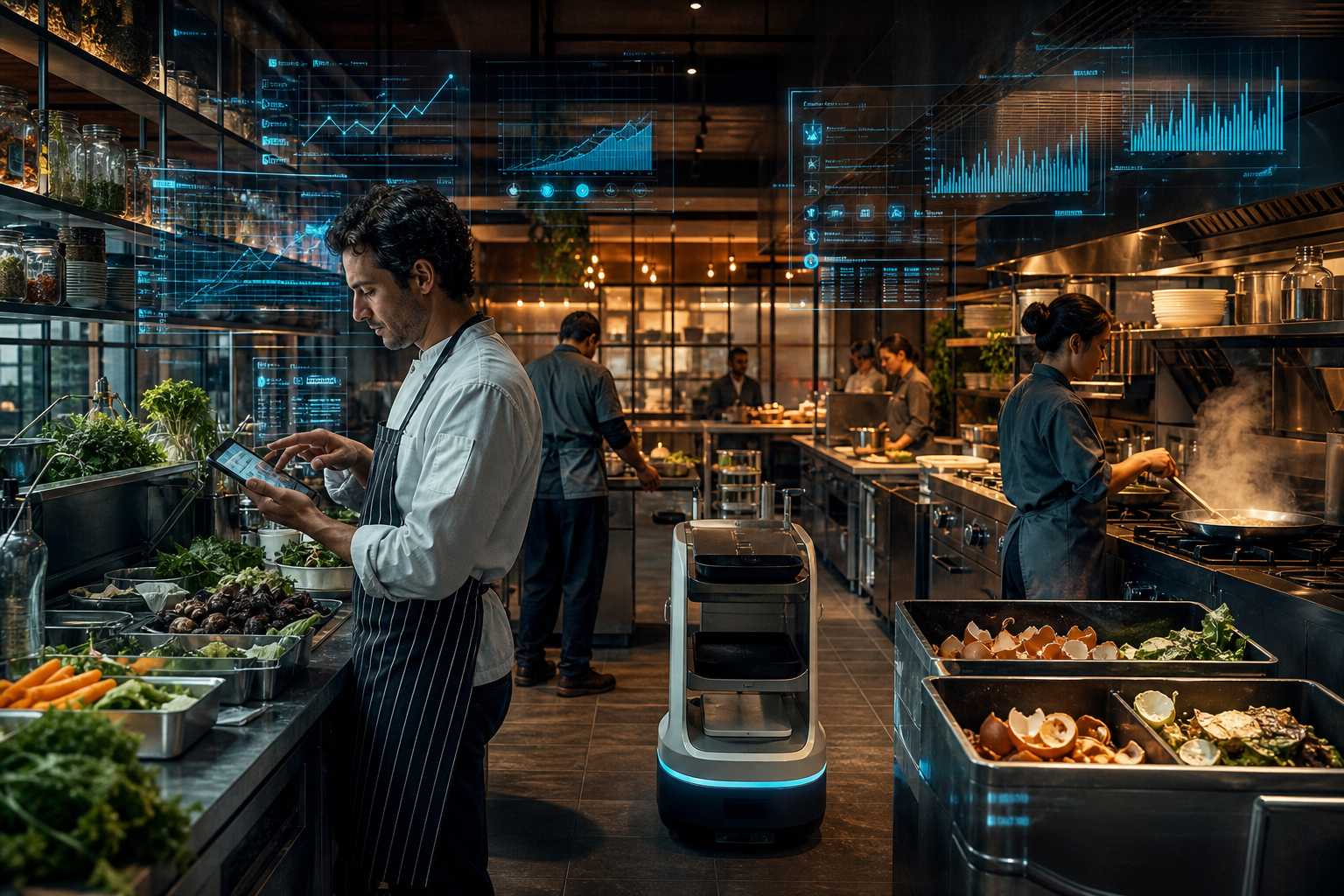 Chefs work in a high-tech commercial kitchen while a service robot and digital analytics displays assist operations