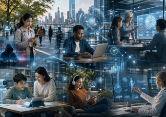 Conceptual collage showing interconnected technology across work, education, healthcare, transportation, and cybersecurity