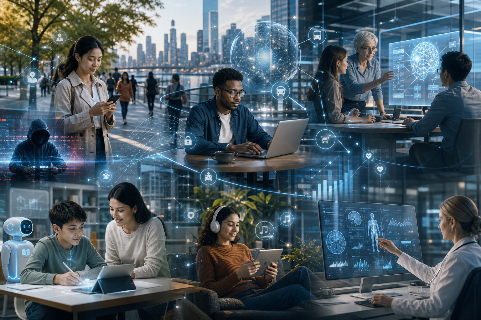 Conceptual collage showing interconnected technology across work, education, healthcare, transportation, and cybersecurity