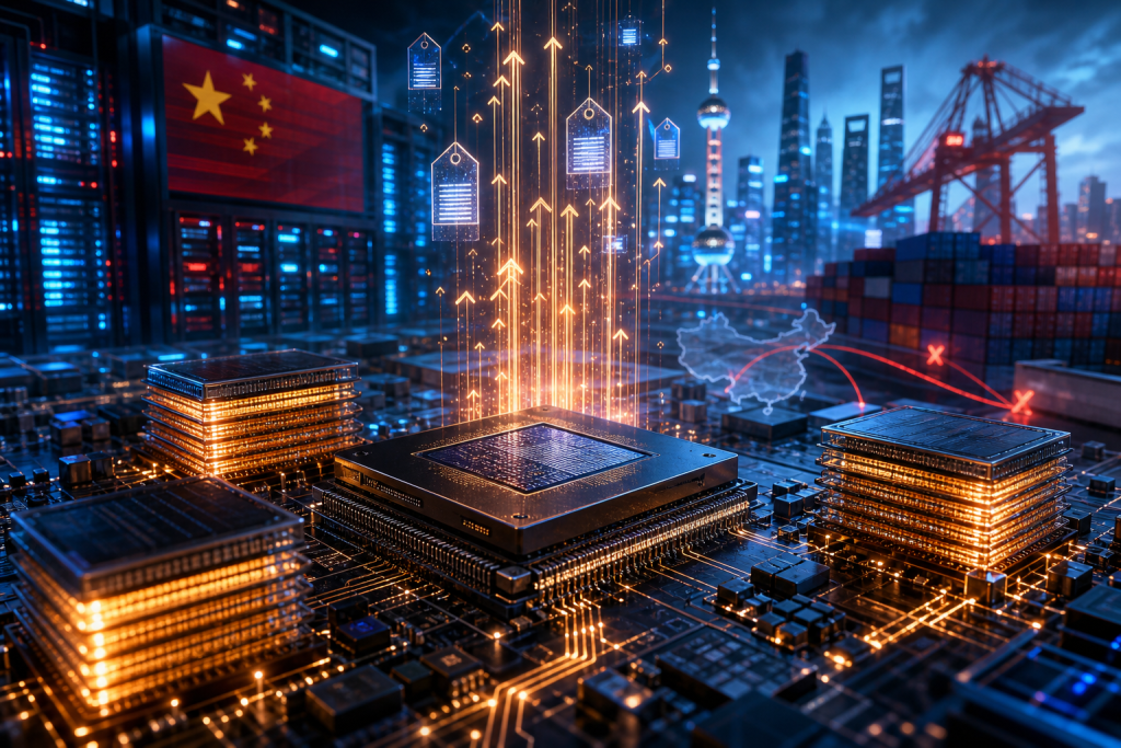 Conceptual illustration of semiconductor technology and data flows connecting China’s chip industry, Shanghai skyline, and container port