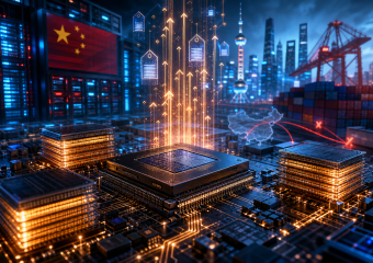 Conceptual illustration of semiconductor technology and data flows connecting China’s chip industry, Shanghai skyline, and container port