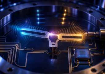 Conceptual illustration of two opposing quantum components emitting blue and gold waves and meeting at a central spark