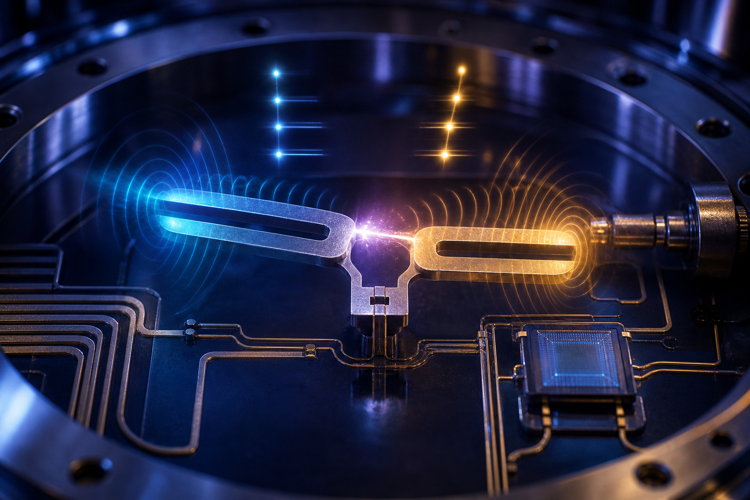 Conceptual illustration of two opposing quantum components emitting blue and gold waves and meeting at a central spark