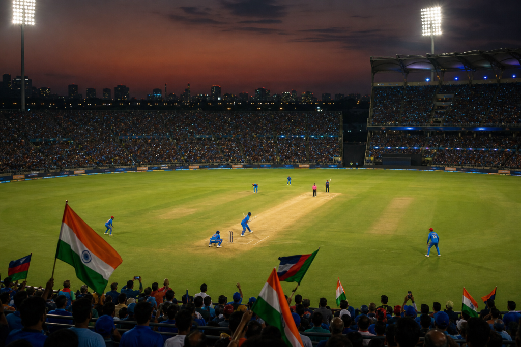 Cricket match at dusk in a floodlit stadium, with spectators waving Indian flags