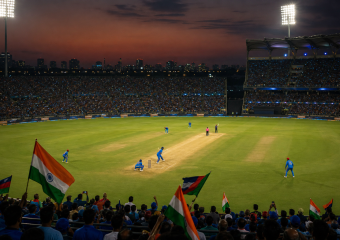 Cricket match at dusk in a floodlit stadium, with spectators waving Indian flags