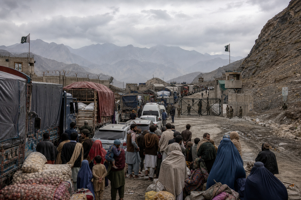 Crowded mountain border crossing with trucks, civilians, security guards, and Pakistani flags