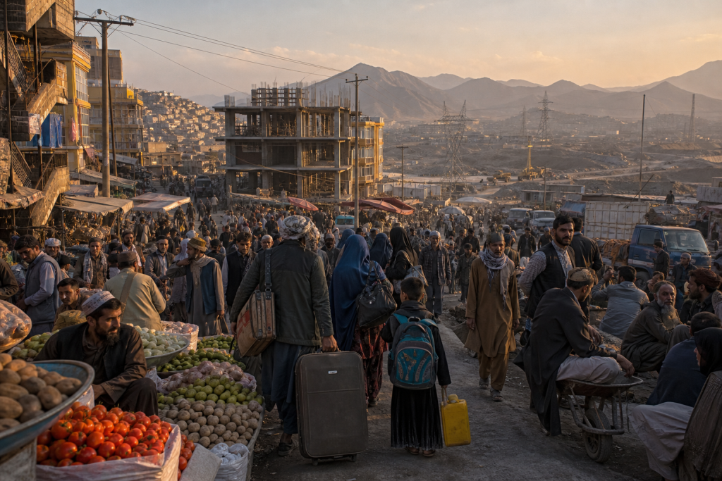 Crowded outdoor market with produce vendors, shoppers, unfinished buildings, and mountains in the background