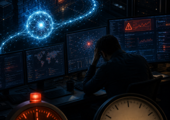 Cybersecurity analyst monitors a global network, server racks, firewall, alerts, and clocks across multiple screens