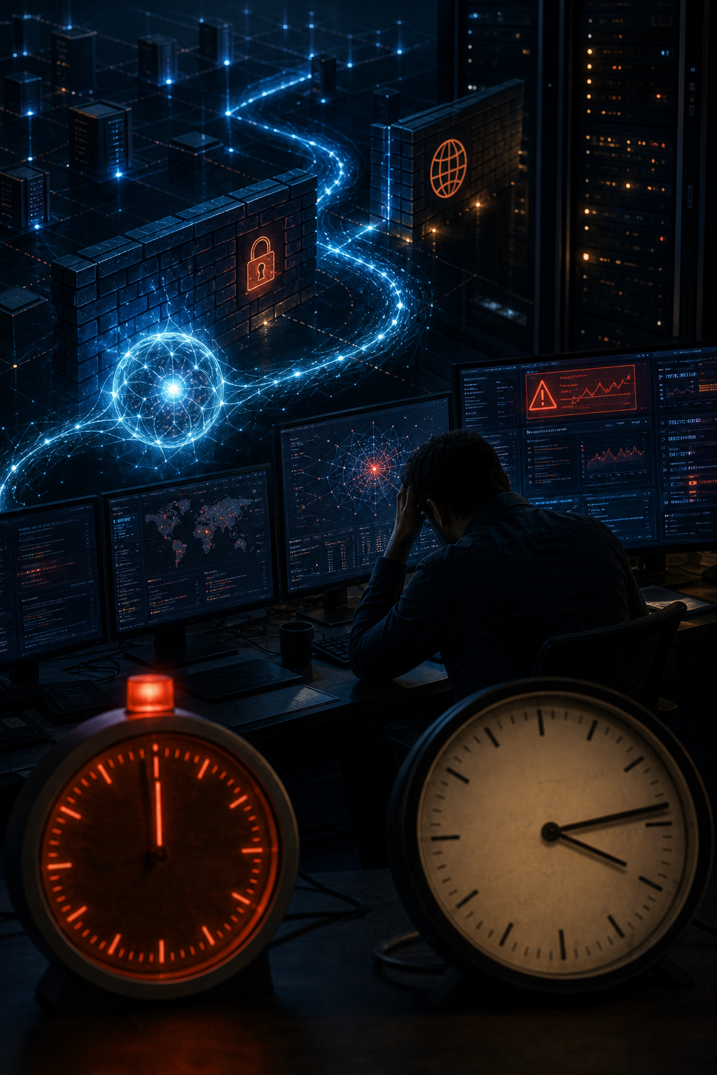 Cybersecurity analyst monitors a global network, server racks, firewall, alerts, and clocks across multiple screens