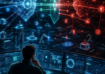 Cybersecurity analyst monitors blue and red network activity on multiple screens, with a shield separating protected and hostile systems