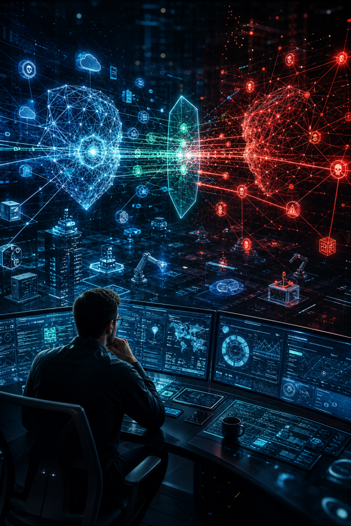 Cybersecurity analyst monitors blue and red network activity on multiple screens, with a shield separating protected and hostile systems