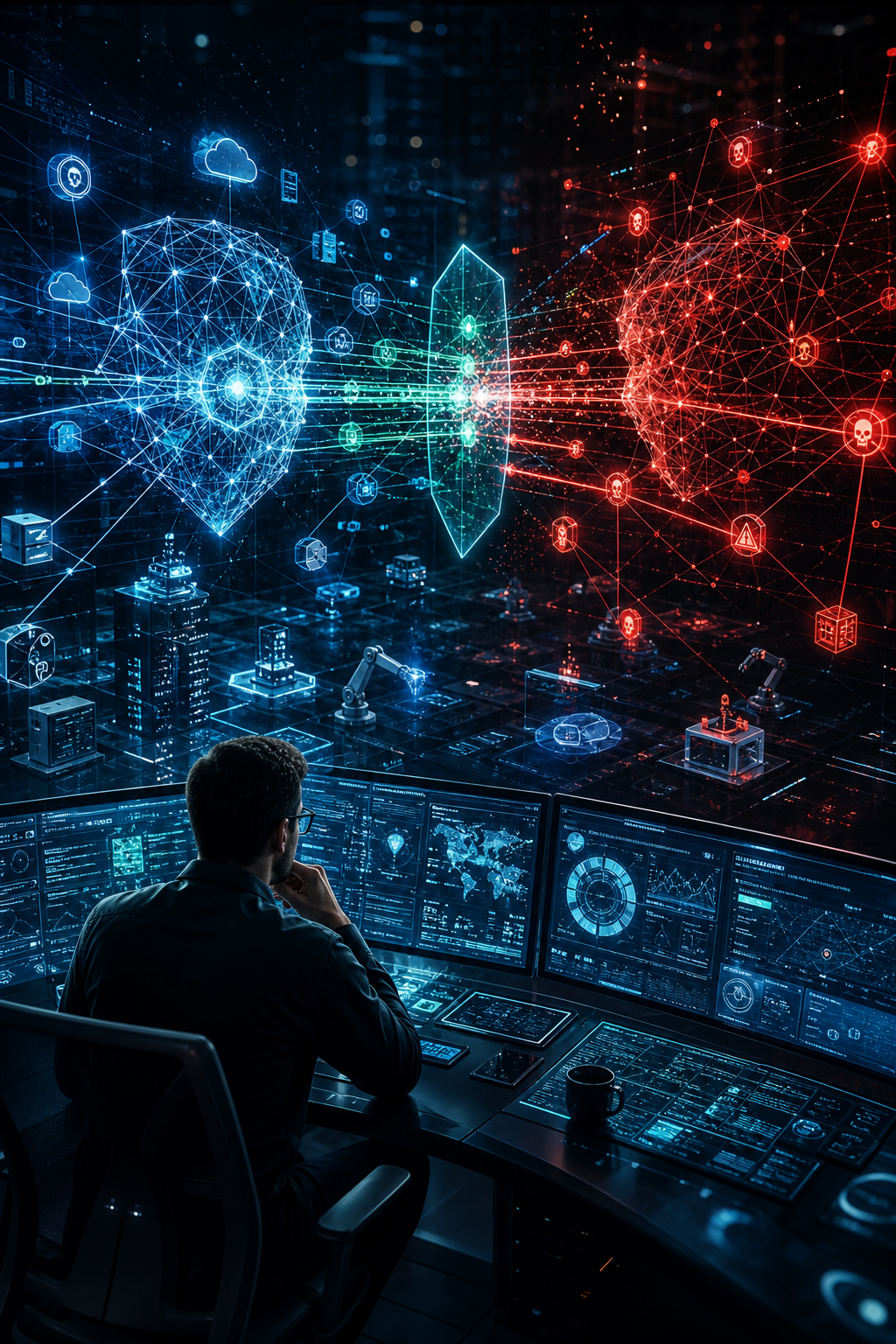 Cybersecurity analyst monitors blue and red network activity on multiple screens, with a shield separating protected and hostile systems