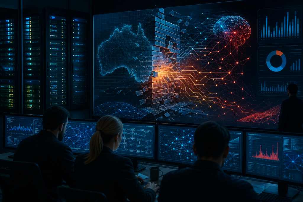Cybersecurity analysts monitor network activity in a control room, with a central visualization showing a digital firewall