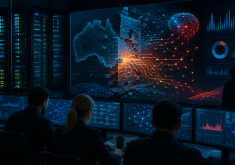 Cybersecurity analysts monitor network activity in a control room, with a central visualization showing a digital firewall