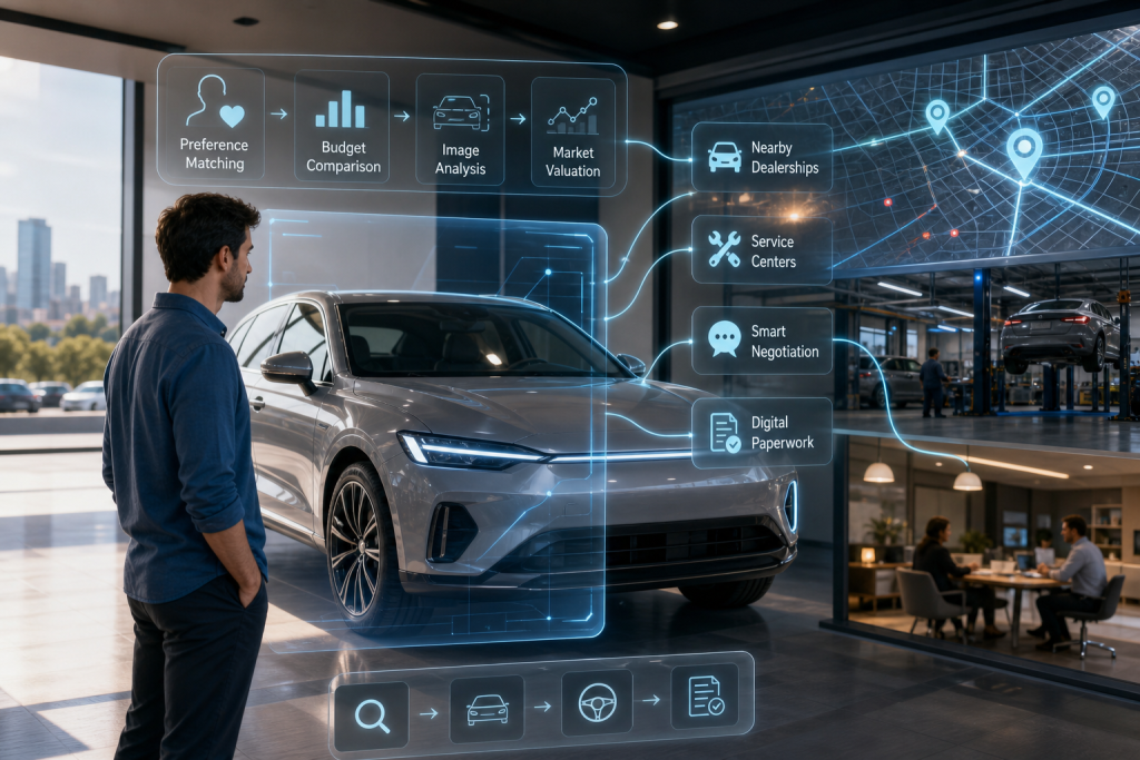 Digital car-buying process showing vehicle matching, price comparison, valuation, dealerships, service, negotiation, and paperwork