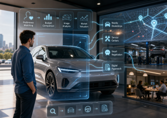 Digital car-buying process showing vehicle matching, price comparison, valuation, dealerships, service, negotiation, and paperwork